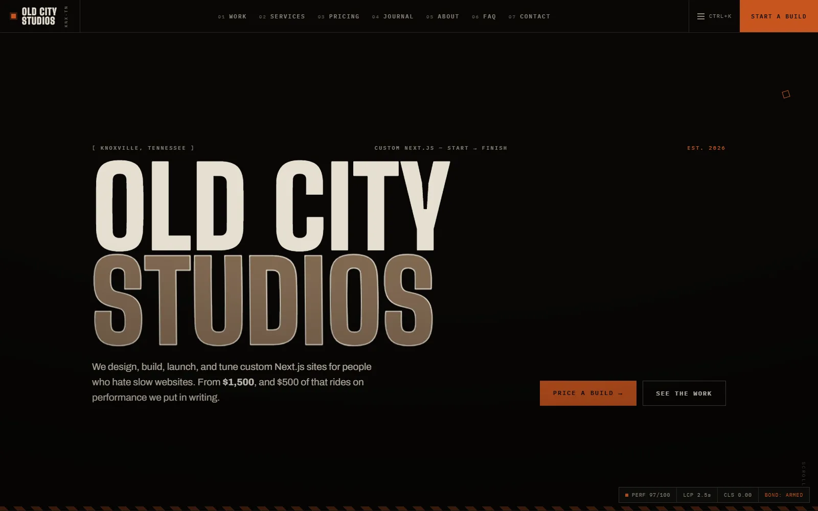 Old City Studios homepage: the OLD CITY STUDIOS wordmark and hero on a dark pressroom background