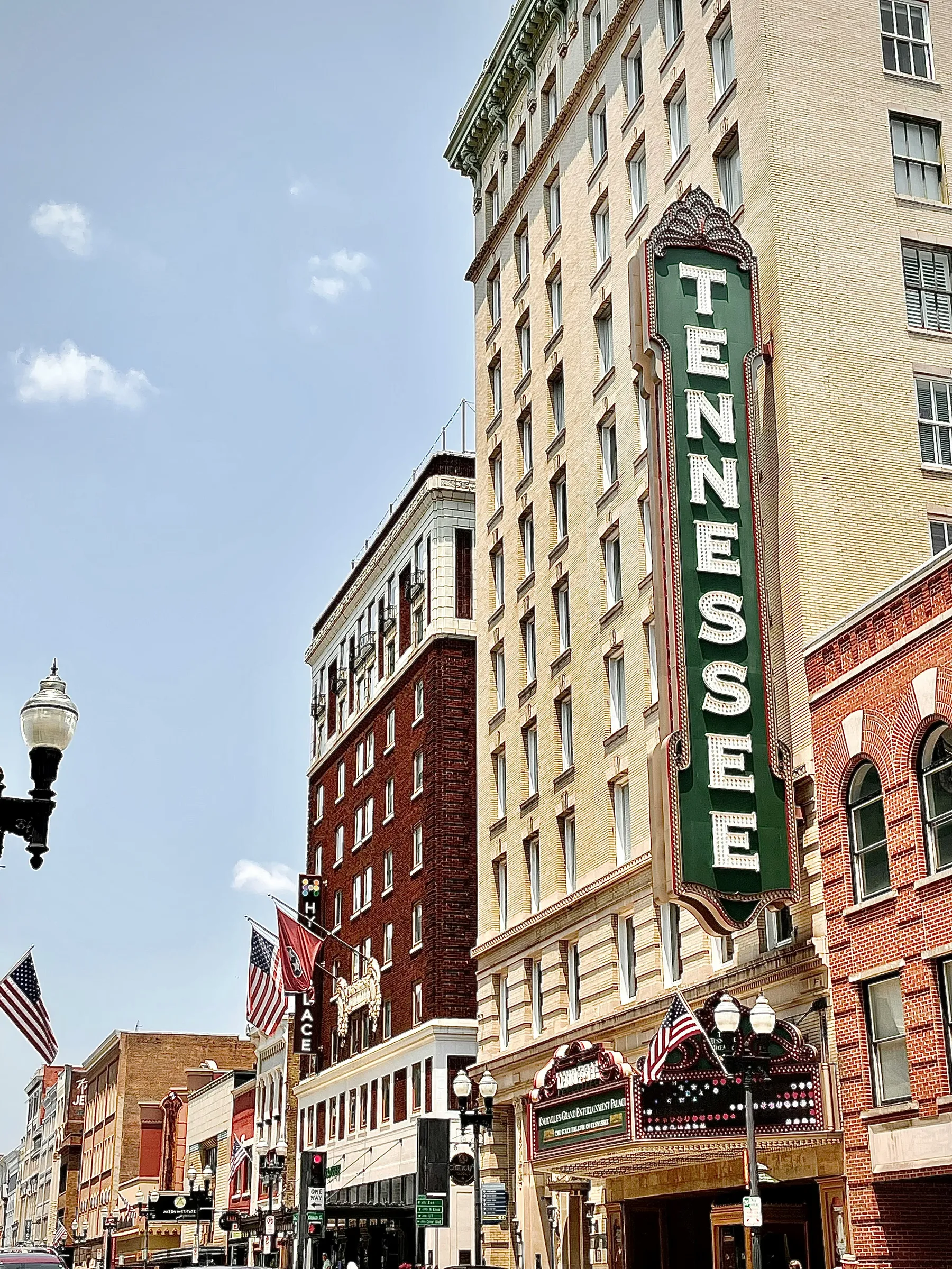The Tennessee Theatre's green marquee over Gay Street in downtown Knoxville